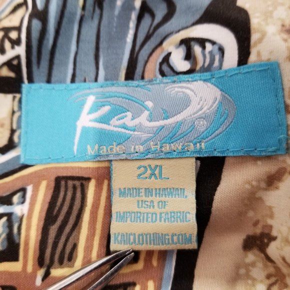 Kai Hawaii Hawaiian Shirt Woodie Wagon Car Beach Palm Tree 2XL XXL Brown Button - Picture 8 of 10